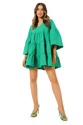 Robe courte décontractée unie en coton à manches 3/4 et col en V